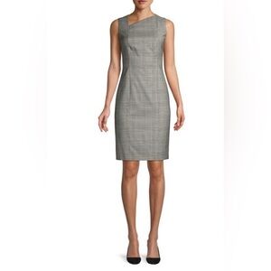 Hugo Boss Sheath Dress Womens Sz 10 Plaid Wool Business Asymmetrical Neckline